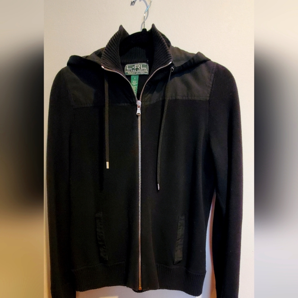 Lauren Ralph Lauren Size S.  Black Knit Sweater/Jacket Hooded Full Zip